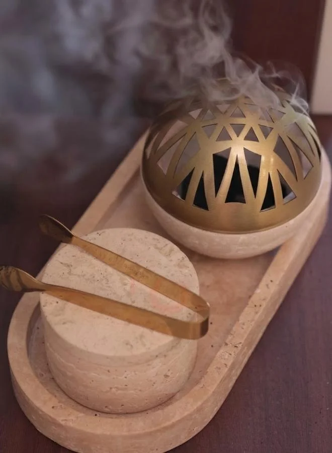 Casa Quesera  Terra Travertine Spherical Bakhoor Burner Set with Storage Box and Tong by Casa Quesera  | Best Price UAE